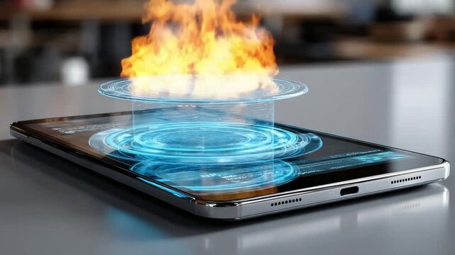 Digital Inferno: An immersive shot unveils a tablet, engulfed in flames and vibrant digital designs, portraying the volatility and transformative force of technology.