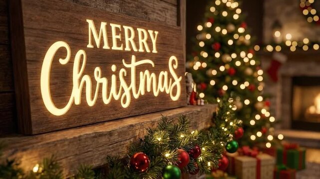 A captivating and cozy traditional holiday scene illuminates a rustic home interior, perfect for evoking festive cheer. A prominent wooden sign prominently displays "Merry Christmas" with glowing, ele