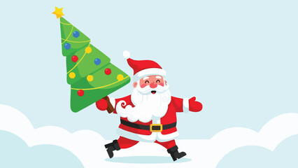 Cute Santa Claus Running with Christmas Tree Illustration