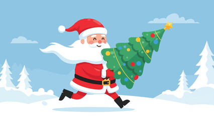 Cute Santa Claus Running with Christmas Tree Illustration