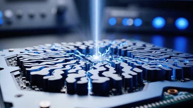 Close-up of a central processing unit with a blue beam of light. Futuristic and technological