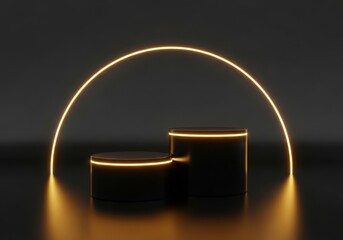 Two black cylindrical podiums with neon rings, highlighted by an amber arch in a dark space: Minimal technology product display.