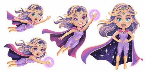 Dynamic magical flying superhero girl character design vector illustration set, showing a confident fantasy heroine casting power spells, posing in action, and wearing a flowing starry cosmos cape; id