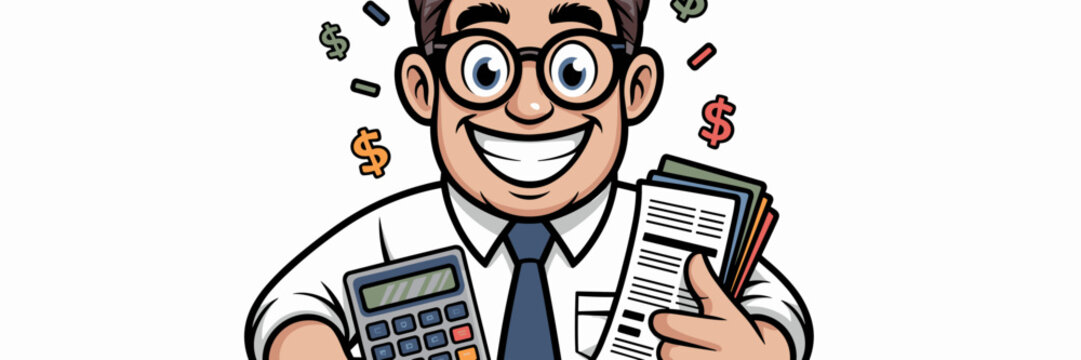 Happy smiling professional accountant or bookkeeper man holding a calculator and financial documents, celebrating successful budgeting, high profits, and great tax returns; a cheerful business vector