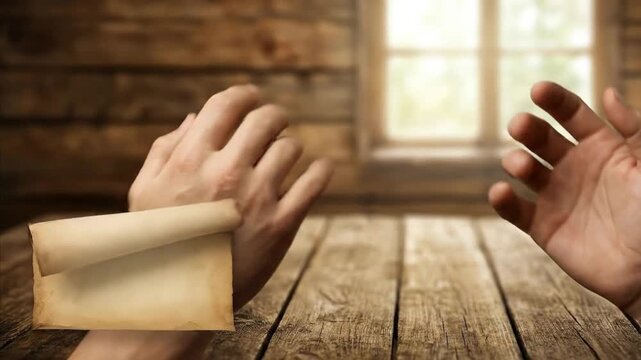 A close-up, dynamic shot captures a person's hands delicately unrolling an aged, textured parchment scroll across a rustic wooden tabletop. The intricate details of the hands and the weathered paper, 