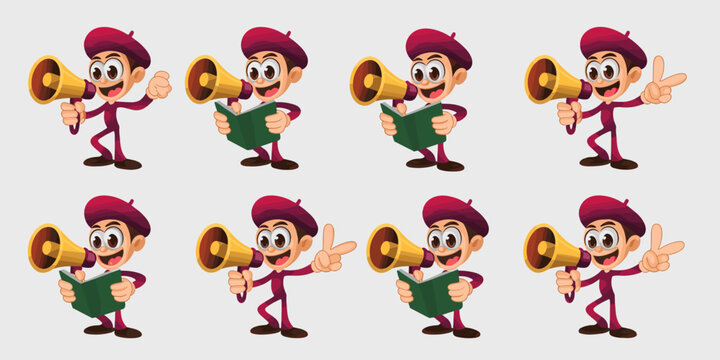 Vector illustration set of an enthusiastic cartoon spokesperson character delivering important marketing communication through a megaphone, posing with a book, reading a script, making expressive gest