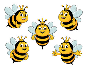 Obraz premium Cute cartoon Queen Bee mascot character set vector illustration featuring five adorable flying happy smiling honeybees wearing tiny golden crowns, suitable for business, finance, education, marketing