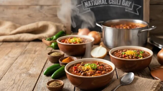 A comforting and richly flavored chili, served steaming hot in several rustic bowls on a distressed wooden table. The hearty stew is generously garnished with vibrant shredded cheese and fresh green o