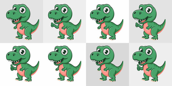 Adorable friendly green cartoon dinosaur T-Rex character illustration standing proudly in a design pattern grid template, offering a positive thumbs up gesture, useful vector graphic asset for childre