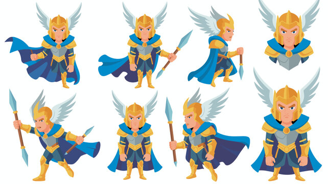 Winged fantasy knight warrior character sprite sheet set showing a heroic mythological gladiator in golden armor and blue cape holding a spear, ready for battle, designed as vector game assets for mob