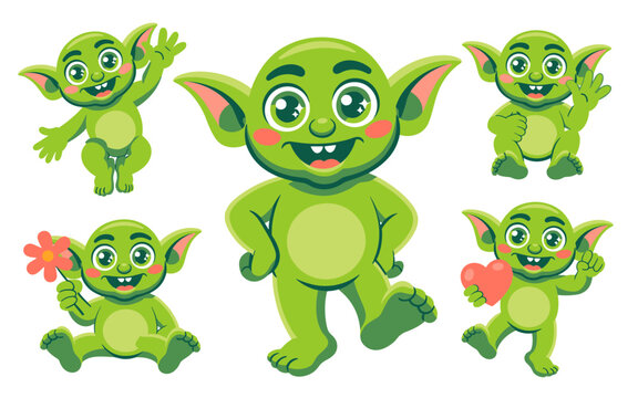 Charming, friendly green fantasy creature vector illustration set, cute smiling cartoon elf or little troll mascot characters in five different happy poses, waving, holding a heart, or flower, ideal g