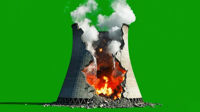 Cooling Tower On Fire With Explosion On Green Screen Background