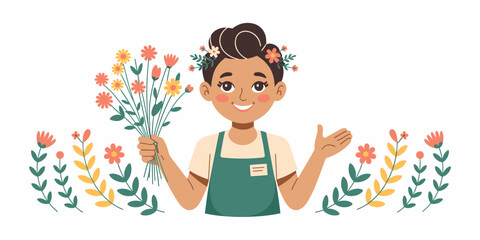 Cheerful smiling young female florist in a green apron holding a fresh colorful wildflower bouquet and gesturing welcome, representing professional small business entrepreneurship, organic gardening,