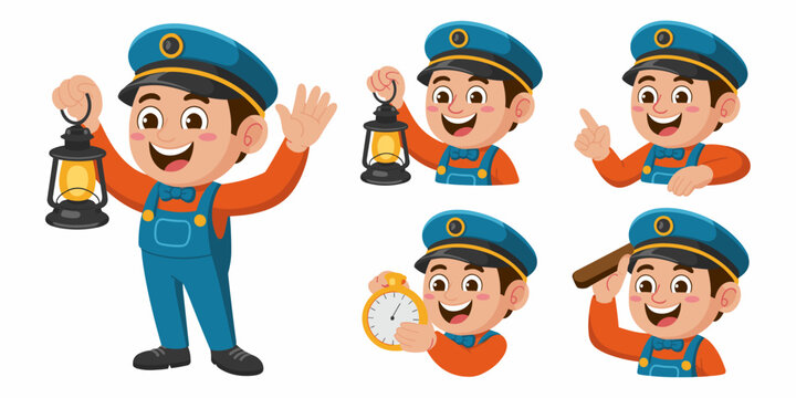 Cheerful cartoon boy dressed as a railroad train conductor holding a classic signal lamp and antique stopwatch vector character set offering various poses for transportation, punctuality, safety, logi