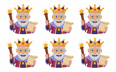 Obraz premium Majestic old cartoon king, a wise royal emperor and leader, holding a golden scepter and rolled decree scroll, representing authority, law, power, and guidance; perfect vector illustration for fantasy