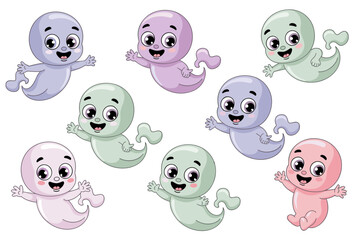 Cheerful, cute baby ghosts cartoon illustration floating and waving happily, a friendly group of colorful pastel spirits and adorable phantoms isolated on white, great vector graphic for playful nurse