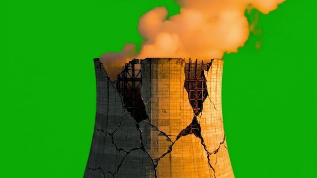 Damaged Cooling Tower With Orange Smoke Pollution On Green Screen
