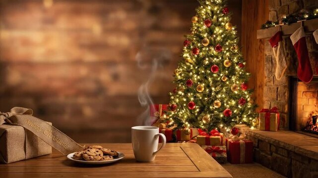 A cozy and inviting festive interior scene features a steaming mug of a warm beverage and a plate of delicious chocolate chip cookies resting on a rustic wooden table. In the soft, ambient glow, a bea