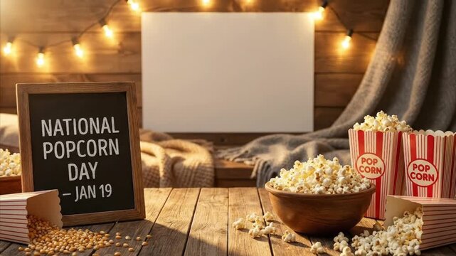 A cozy and inviting home entertainment setup creates the perfect atmosphere for a relaxing evening. A rustic wooden table is artfully arranged with classic movie night essentials, featuring a generous