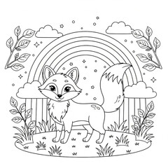 Fototapeta premium A charming fox stands in a whimsical landscape under a rainbow and stars