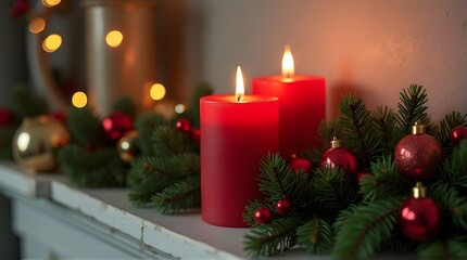 Cozy Christmas scene with two red candles, pine garland, and ornaments on a mantel.