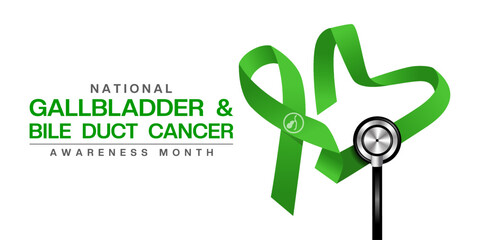 National Gallbladder And Bile Duct Cancer Awareness Month. Heart shape ribbon and stethoscope. Great for cards, banners, posters, social media and more. White background. 