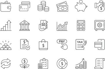 Collection of finance icons for banking investment tax and payment concepts in editable vector format