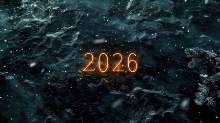 Glowing Number 2026 Illuminated on Dark Snowy Surface for New Year Celebration