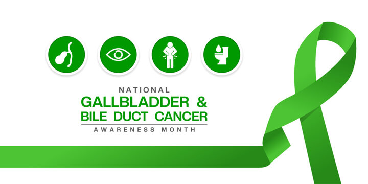 National Gallbladder And Bile Duct Cancer Awareness Month. Gallbladder, eye, people, toilet and green ribbon. Great for cards, banners, posters, social media and more. White background. 