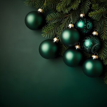 Blue Christmas background with gold and red ornament balls and fir branches