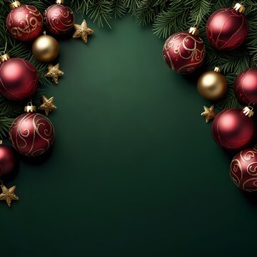 Red and gold Christmas decoration baubles on a branch against a festive red background for holiday season greeting card