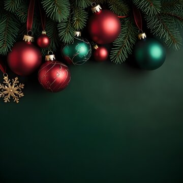 Christmas tree ornaments and holiday decorations on festive red and green backgrounds