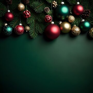 Festive red and gold Christmas baubles decoration on a green pine tree branch during the winter holiday season in December