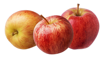 three perfectly ripe fuji apples showcasing their distinctive red and yellow striped skin, fresh and healthy for consumption.