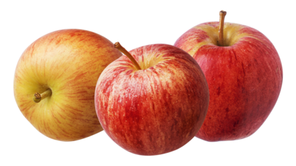 three perfectly ripe fuji apples showcasing their distinctive red and yellow striped skin, fresh and healthy for consumption.