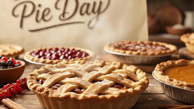 A delightful assortment of freshly baked pies takes center stage on a rustic wooden table, creating a warm and inviting atmosphere. The collection features a perfectly golden-brown pecan pie with an i