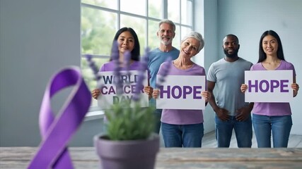 A diverse group of smiling individuals from various age groups and ethnicities stands united in a bright, modern interior, holding signs that prominently display the word 'HOPE'. In the foreground, a 