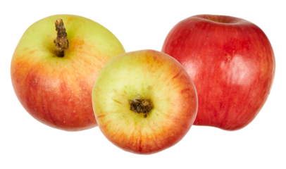 photograph showcasing a trio of vibrant, ripe apples in shades of red and green, some with natural stems, arranged attractively against a dark backdrop.