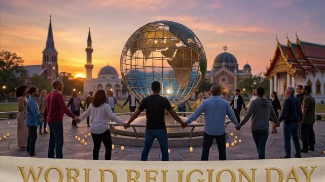A diverse group of individuals from various backgrounds stands united in a circular formation, holding hands around a prominent globe sculpture, under the warm glow of a sunset sky. In the background,