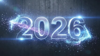 A dynamic and visually striking animation features the glowing, translucent numbers '2026' emerging with vibrant particle effects against a dark, textured concrete background. Bright blue and purple e