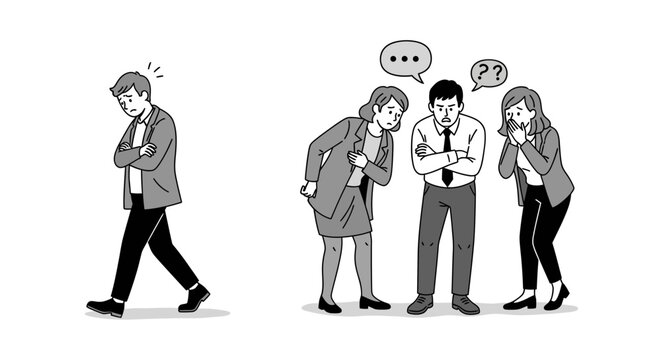 An isolated man walks away, arms crossed, from three observing colleagues, illustrating social exclusion, misunderstanding, and office problems.