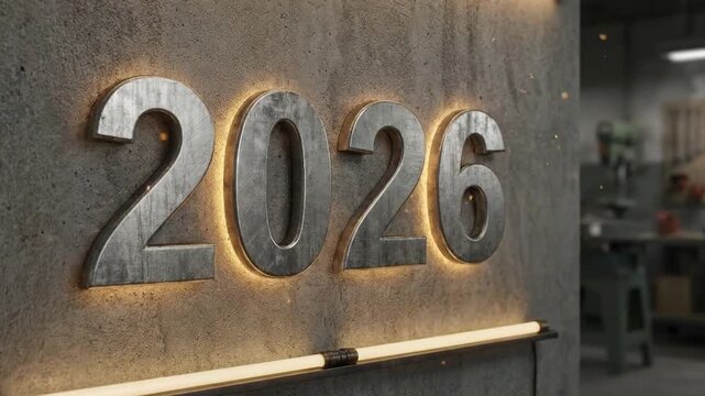 A dynamic display of the year 2026, featuring textured, weathered metallic numbers set against a rugged concrete wall. The digits are powerfully backlit with a warm, golden glow, emphasizing their ind