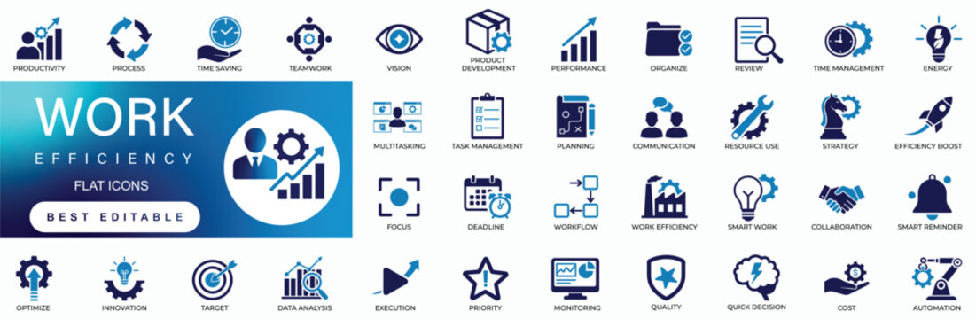  Work efficiency flat icon set featuring business productivity, workflow, time management, optimization, teamwork, and speed performance vector symbols