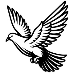 Flying Dove Tattoo Art. Bold black and white line art of a dove in flight with stylized wings. Symbolizes peace, freedom, spirituality, hope, love, Christianity.