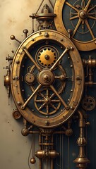 Obraz premium Intricate steampunk mechanical clockwork with gears, brass textures, and Victorian sci-fi aesthetics, ideal for fantasy covers, posters, and conceptual artworks.