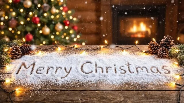 A heartwarming and inviting holiday scene unfolds on a rustic wooden surface, delicately adorned with a layer of glistening snow. The words 'Merry Christmas' are beautifully inscribed in the fresh whi