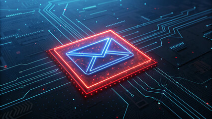 Stunning digital envelope icon glowing on futuristic circuit board representing secure data transmission