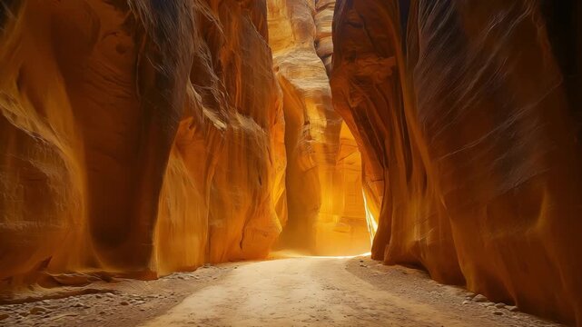A narrow canyon pathway shows warm light reflecting off the walls as visitors explore the unique rock formations and contours of the area