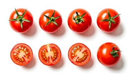 Fresh ripe tomatoes whole and halved isolated on white background for healthy eating and cooking con