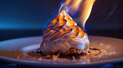 Flaming Baked Alaska Dessert with Toasted Meringue on Plate